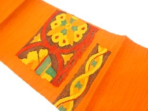 リサイクル　手織り紬横段に華紋・抽象模様織出し名古屋帯